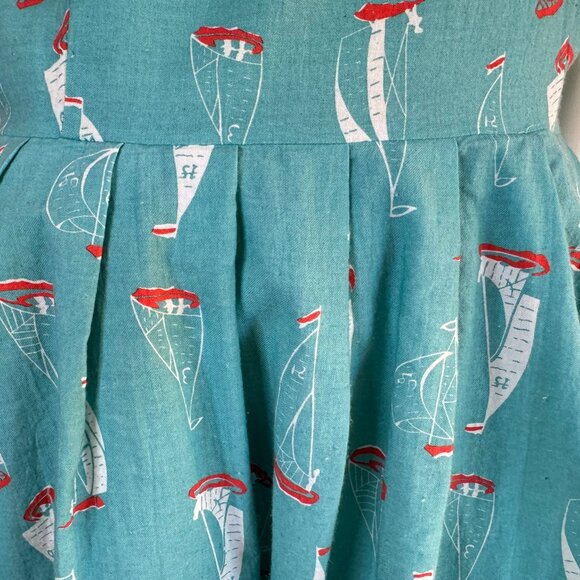 Knitted Dove Blue Retro Sailboat Print Dress sz L - Picture 8 of 12